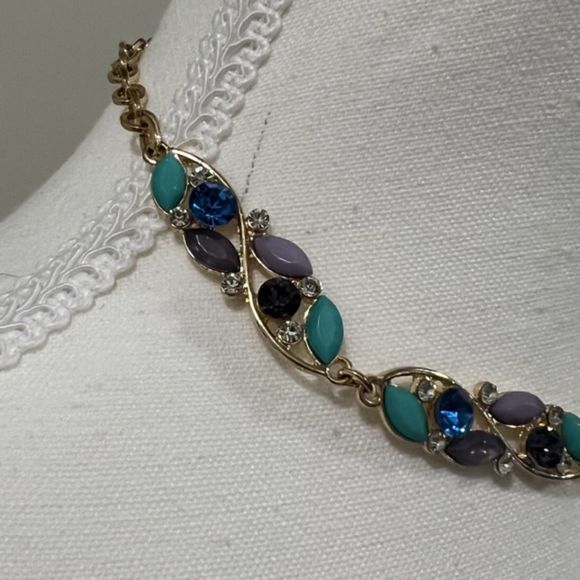 Gold Tone Faux Turquoise Multi Gemstone Rhinestone 14 Inch Choker Necklace - Picture 3 of 10